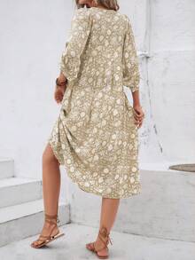 全印花打結領口襯衫袖連衣裙，時尚休閒日常裝 - 淺灰色 - 查看 2