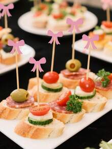 10/100支粉色蝴蝶结牙签，优雅粉色蝴蝶结鸡尾酒签 - 手工天然竹牙签，适合生日派对用品，可用于饮料、开胃菜、烘焙、婚礼甜点、派对、蛋糕和纸杯蛋糕装饰以及派对食品（水果、糖果） - 彩色 - 查看 5