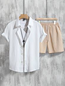 Conjunto informal de dos piezas para hombre (camisa de manga corta lisa + pantalón corto con cordón) - Blanco - Ver 3