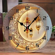 10inch Golden Moon Lantern Festival Background Wall Clock - European Style Silent Wooden Wall Clock With Gorgeous Floral Patterns And Golden Lanterns - Battery Operated (AA Batteries Not Included) - Perfect Choice For Living Room, Study Room Decoration, New Year, Valentine's Day Gift - 多色 10x10in(25x25cm) - 查看 1