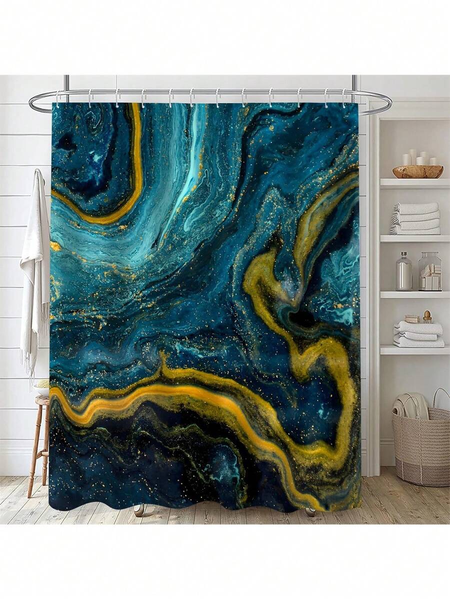 Marble Shower Curtain Sets, 66x72 Inch, Modern Abstract Bathroom Decor Accessories Shower Curtains For Bathroom With Hooks - Teal - 查看 1