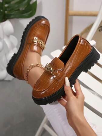 女士几何图案乐福鞋，链条装饰时尚牛津鞋，舒适一脚蹬百搭平底鞋