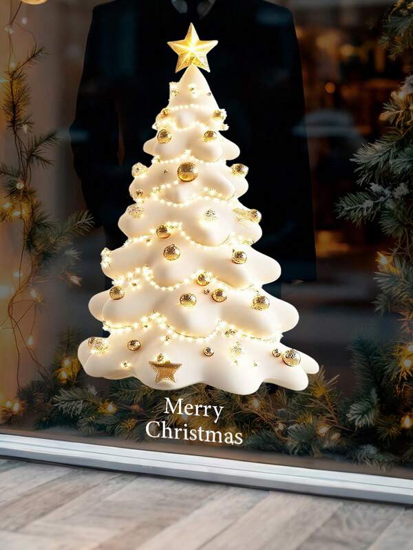 1pc Golden Egg Christmas Tree Window Sticker, Merry Christmas Pattern, Static Cling, Double-Sided Transparent Glass Decal, Suitable For Home, Bathroom, Party, Store And Christmas Decoration  Christmas Decor  Christmas Decorations Stickers Wall Stickers Room Decor Wall Decor Home Decor