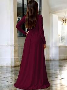 Vestido Largo Escote en V Acentuado Corte con Abertura Frontal Elegante Mangas Largas Ajustadas Diseño Fluido Cintura Ceñida Moderno Casual y Elegante Vestido Llamativo  Liso    Fiesta    Abertura alta  Cremallera  Fruncido    Boda - Vino - Ver 4