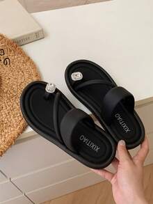 XIXITIAO Women's Outdoor Soft Bottom Square Rhinestone Decor Flip Flops, Beach Sandals, Non-Slip, Versatile Solid Color Thong Sandals. French Minimalist Style Flat Square Toe, Lightweight Comfortable Casual Home Slippers, Suitable For Beach/Outdoor/Slippers - Black Baguette Clip Toe - View 5