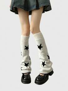 Retro American Style Knitted Leg Warmers, Five-Pointed Star Pattern, Flared Leg, Reversible, Slimming Slouchy Leg Warmers, Fall / Winter