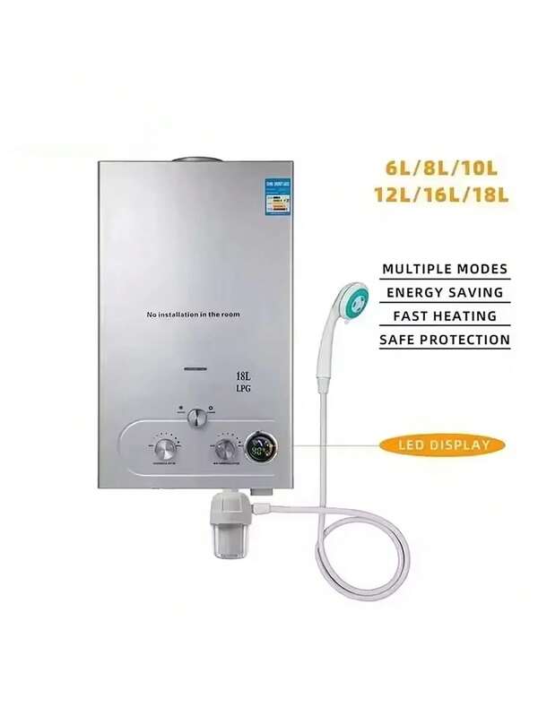 Scaldabagno a gas propano da 6L/8L/10L/12L/16L/18L, caldaia a gas propano GPL senza serbatoio in acciaio inossidabile regolabile per uso domestico, scaldabagno senza serbatoio durevole, scaldabagno istantaneo per doccia, scaldabagni a gas da parete per bagno, scaldabagno a induzione, alta efficienza energetica, protezione multipla