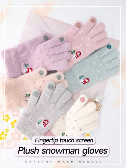 2 Pairs Women's Touchscreen Gloves, Featuring A Cute Snowman Pattern And A Plush, Thickened Design, Ideal For Warmth In Autumn And Winter Seasons
