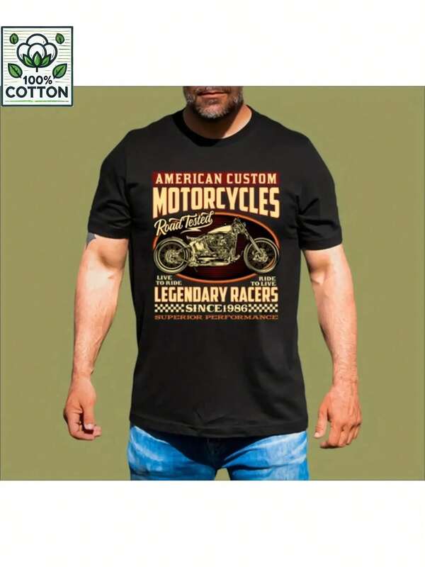 Camiseta gráfica de motocicletas americanas para hombres y mujeres - 100% algodón, diseño retro vintage con texto "Ciclistas legendarios" y patrones geométricos, camiseta casual de manga corta de ajuste regular para atuendo casual