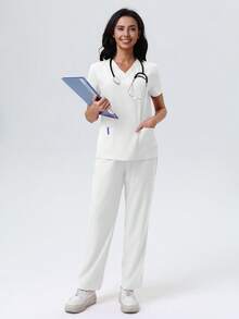 V-Neck Solid Color Pocket Short Sleeve Top And Pants Scrub Set Spring White - White - View 6