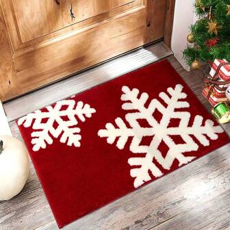 节日超柔软纤维圣诞浴室地垫：速干、吸水、蓬松、雪花图案、防滑、低绒毛、机织、长方形、涤纶材质，适用于玄关、浴室、厨房等场所，亦可作厨房地毯使用。