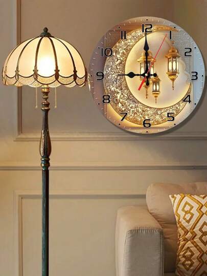 Pc 10" /12" Silent Moon Lantern Klok Golden Eid Wand Clock, Round Wood Veneer Islamic Architecture Battery Operated (AA Not Included) Ideal Study Or Living Room Great Holidays Home view 2