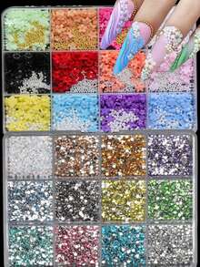 2 盒 24 色亚克力指甲钻石水钻 4000 颗 3D 花朵指甲饰物和宝石、用于指甲设计的彩色花朵饰物、用于美甲的 4 盒指甲水钻、用于指甲彩绘的珍珠指甲饰物金色鱼子酱珠子、指甲蜡铅笔镊子 - 彩色 - 查看 2