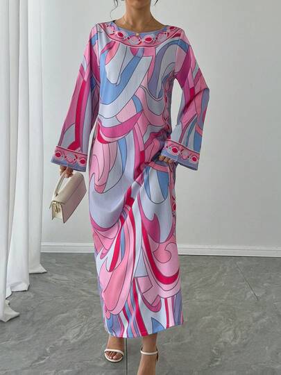 1pc Women's Long Geometric Print Flare Sleeve Casual Robe, Elegant Arabic Style Gown Suitable For Party, Holiday, Luxury Evening Wear