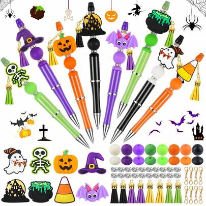 Penna con perline per Ognissanti, penna in plastica con perline in silicone multicolore, a forma di zucca, pipistrello, teschio, cappello da strega, articoli da ufficio come regalo di Ognissanti