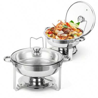 Chafing Dishes For Buffet, 5QT Buffet Servers And Warmers Set Of 2, Round Chafing Dishes With Glass Lid, Stainless Steel Food Warmers For Parties, Cat