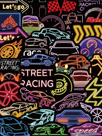 50pcs Neon Race Car Stickers Cyberpunk Style Aesthetic Colorful Fashion Decals For Laptops Fridge Closet Wallet Backpack Phones Guitar Skateboards Luggage DIY Decorate Sticker
