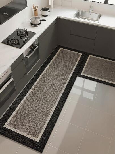 1 pieza Alfombra de cocina gris con ribete negro, antideslizante y resistente a las manchas, adecuada para decoración de habitaciones, sala de estar, baño, dormitorio, alfombra, felpudo y alfombra de exterior, hecha de fibra de poliéster, fácil de limpiar y lavar a máquina, adecuada para todas las estaciones y festividades