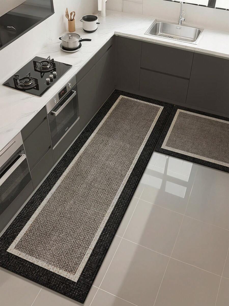 1件灰色厨房地垫，黑色包边，防滑防污，适用于房间装饰、客厅、浴室、卧室地毯、门垫、区域地毯和户外地毯，采用聚酯纤维制成，易于清洁且可机洗，适合所有季节和节假日。 - 灰色 - 查看 1