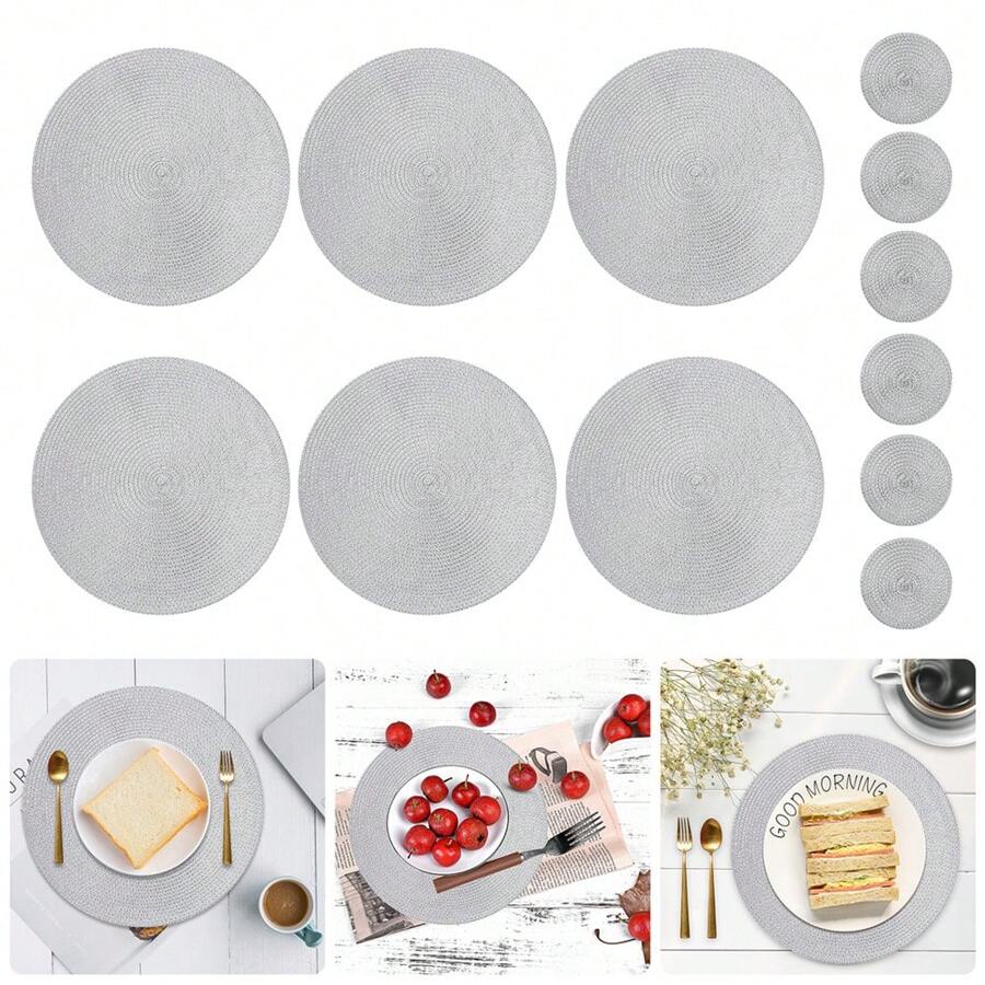 6 Pack Round PP Placemats And Coasters Set - 13.2 Inch Waterproof Non-Slip Table Mats For Dining Decor, Dishwasher Kitchen Tableware - Silver - View 1