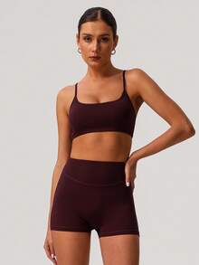 Sodalemon 女士两件套健身套装露背加厚运动文胸无缝前缝户外骑行短裤弹力健身房训练运动套装