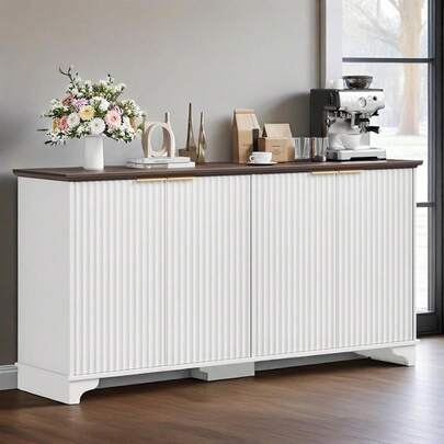 Beaully Fluted 4-Door Sideboard Buffet Cabinet With Storage | TV Stand & Coffee Bar With Adjustable Shelves & Load-Bearing Feet For Kitchen & Living Room