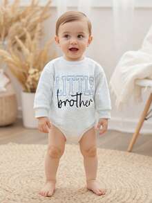 Baby Fall Romper Letter Embroidery Long Sleeve Round Neck Jumpsuit Brother and Sister Matching Outfits - Azul - Ver 3