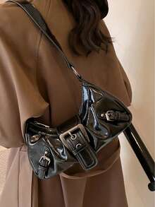 Túi xách nữ kiểu dáng cổ điển, chất liệu da mềm mại, được trang trí bằng đinh tán, khóa cài, xếp ly, hình dáng đám mây, thích hợp đeo vai, đeo chéo hoặc xách tay, dùng cho công sở, đi làm, hẹn hò, dự tiệc, v.v., thiết kế hình lưỡi liềm, màu đỏ tía thời trang, lấy cảm hứng từ sự nữ tính. - màu đen - Xem 2