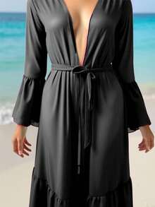 Swim Chiccia Summer Beach Flounce Sleeve Ruffle Hem Belted Kimono - Black - View 3