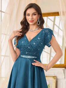 MIUSOL Đầm maxi dự tiệc trang trọng, ren hoa đính sequin, cổ chữ V, tay cánh hoa, chất liệu satin, vạt bất đối xứng, xếp ly, thích hợp cho khách dự đám cưới, lễ tốt nghiệp, tiệc gala và các dịp khác vào mùa hè. - Màu xanh bụi bặm - Xem 9