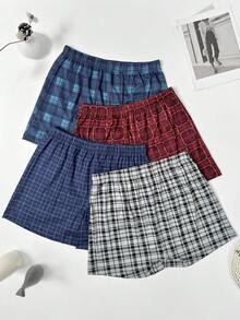 4 件套男士格子印花宽松舒适睡衣短裤，透气松紧腰平角内裤，多种颜色套装 - 彩色 - 查看 3