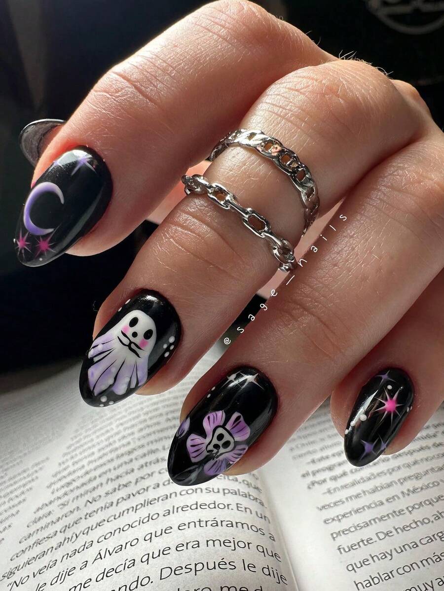按压式指甲万圣节美甲贴片、中长款指甲贴片、万圣节蜘蛛网火焰、幽灵城堡、月光蝙蝠、神秘氛围假指甲贴片、粉色指甲贴片、万圣节节日礼物指甲贴片、适合女士和女孩的指甲贴片、时尚、闪亮、高端假指甲贴片，让您的外观焕然一新，展现指尖的魅力，按压式指甲用品 - 紫色 - 查看 1