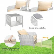 Balcony Furniture 5 Piece Patio Conversation Set, PE Wicker Rattan Outdoor Lounge Chairs With Soft Cushions 2 Ottoman&Glass Table For Porch, Lawn-Brown Wicker - 灰色/卡其色 - 查看 4