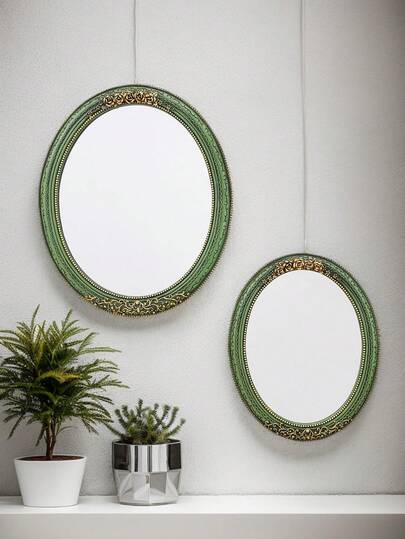 1pc Vintage Green Lace Pattern Oval Decorative Wall Mirror, European Style Home Decor Art Piece, Creative Makeup Mirror, Suitable For Wall Decor, Vanity Mirror And Photography Props