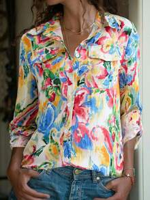 女士彩色扎染渐变撞色长袖休闲衬衫，人造丝尼龙印花面料，纽扣长袖休闲衬衫，有口袋，长袖上衣，适合日常通勤，休闲度假穿着，适合秋冬季旅行