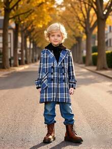 Abrigo de estilo británico a cuadros para niños preadolescentes, ropa de abrigo larga para otoño/invierno