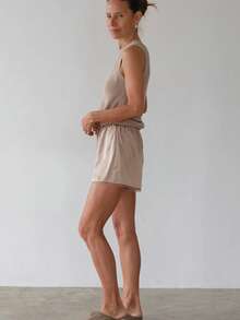 Women's Summer Lounge Shorts Solid Color Satin Elastic Waist Loose Fit Short Pants - Khaki - View 4