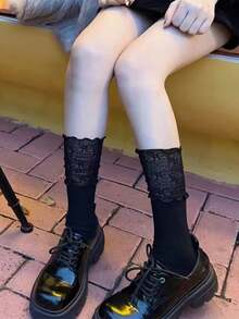 1 Đôi tất cao đến đầu gối phối ren xếp nếp phong cách ballet xuân/hè, phong cách Y2K dành cho nữ - Nhiều màu - Xem 3