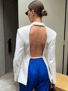 Women's Suit Jacket With Hollow Back - White - View 2