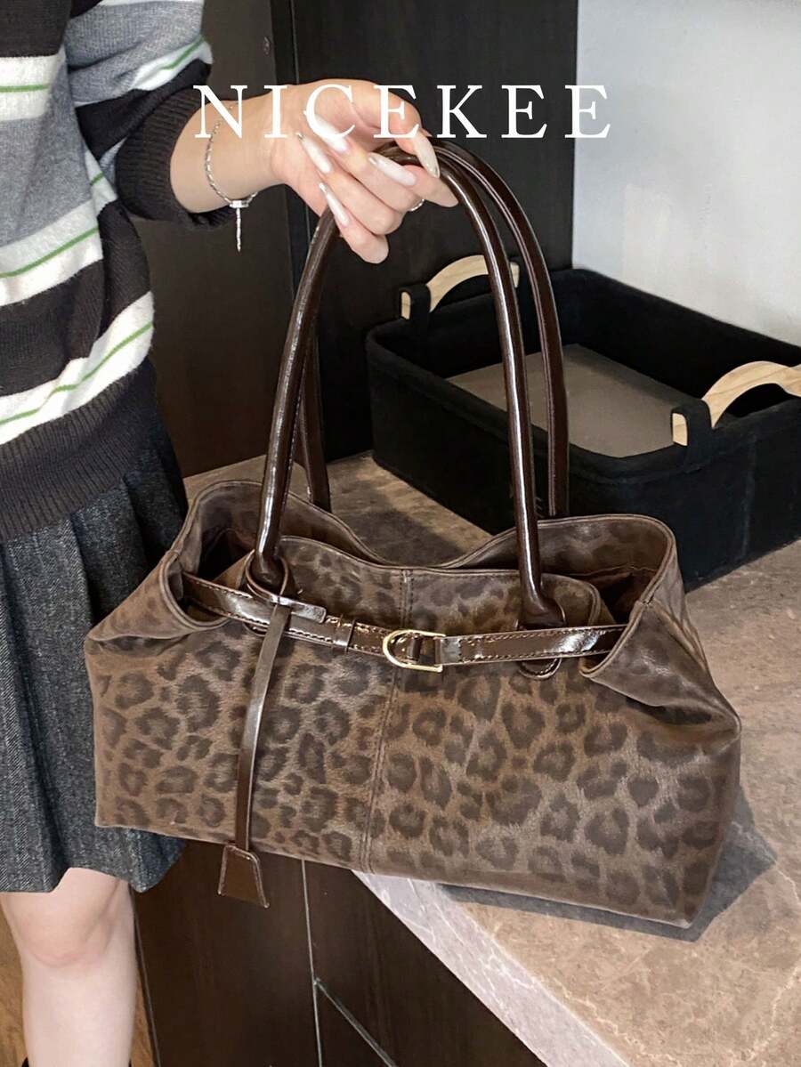 Artificial Leather Leopard Pattern Handbag, Fashionable Multi Functional Exquisite Retro Shoulder Bag, Suitable For Commuting And Shopping.