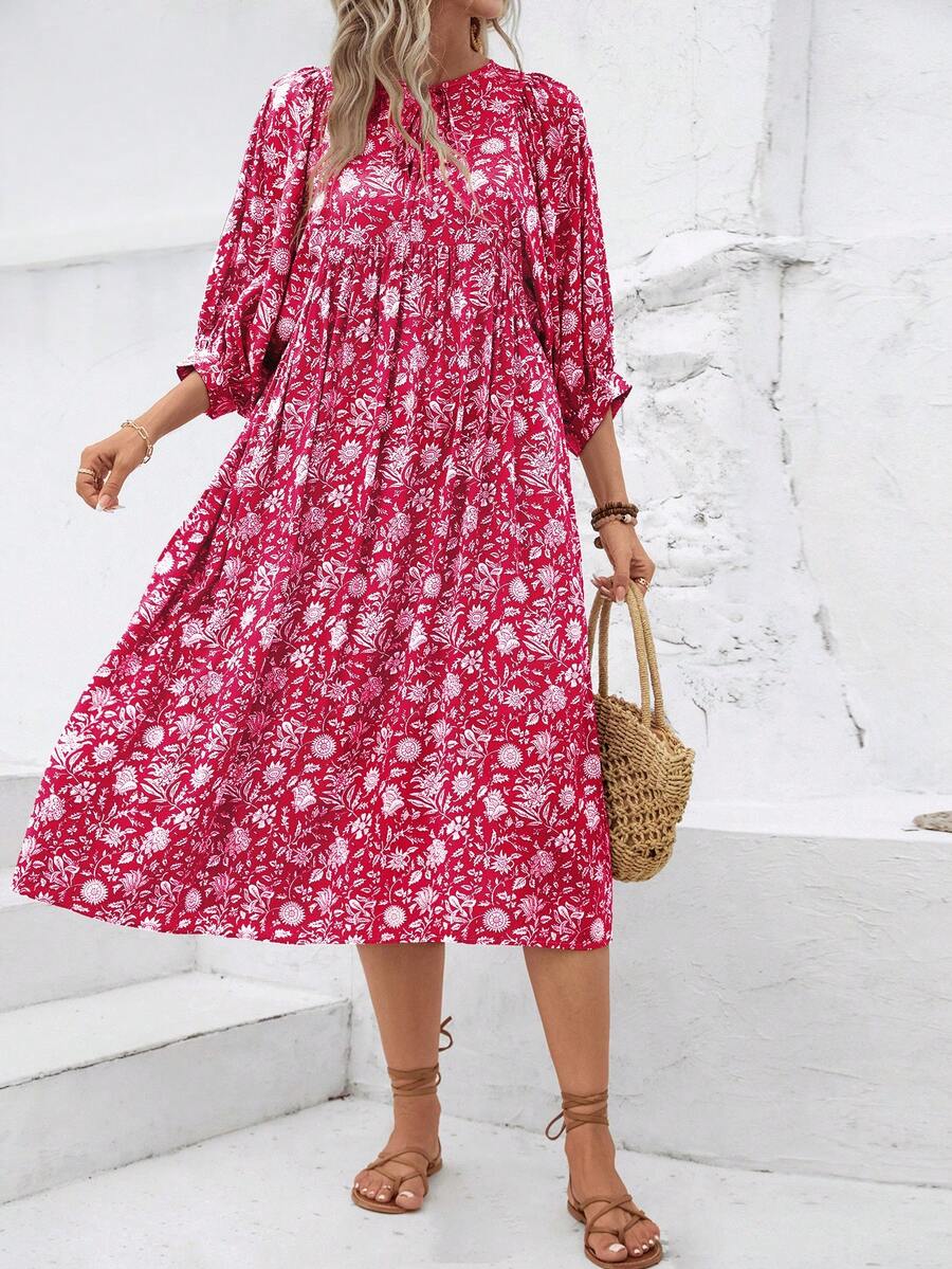 Đầm hoa nhí cổ tròn thắt dây kiểu Âu Mỹ dành cho nữ, thời trang thường ngày, đa năng, phong cách bohemian, thích hợp cho kỳ nghỉ. - Màu Hoa hồng đỏ - Xem 1