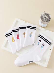 Disney 1/5双公主系列图案女士船袜，黑白条纹，可爱卡通设计，防臭，吸湿排汗，休闲运动风，适合学生/成人作为礼物或日常穿着，袜子 - 彩色 - 查看 3