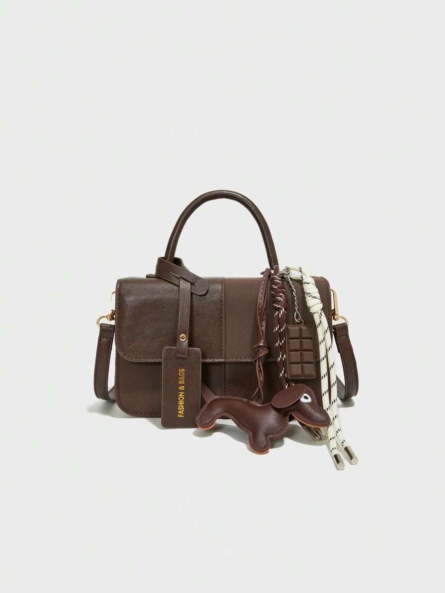 新款冬季时尚经典女士天鹅绒手提包，缝制面料设计，饰有标签和饼干狗吊坠，托特包，方形包，休闲百搭女士单肩包，配有长肩带，适合购物。也适合参加派对和约会。 - 查看 1