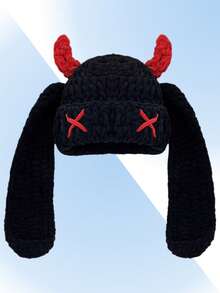 1pc Handmade Crochet Funny Devil Beanie Hat, Unique Street Style Warm Knit Cap For Women & Men, Couples Winter Women