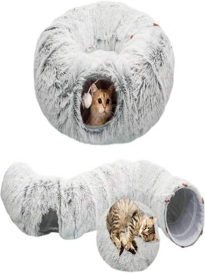 2-In-1 Plush Cat Bed & Tunnel, Foldable Pet Bed & Tunnel, Suitable For All Seasons, Donut Shaped Cat Tunnel
