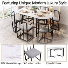 Six-Chair Dining Table Set: (White Table, Chairs With Backrests And Gray Cushions, Black Iron Frame), Dining Room Table And Chair Set, Modern Dining Table Combination - Black - View 5