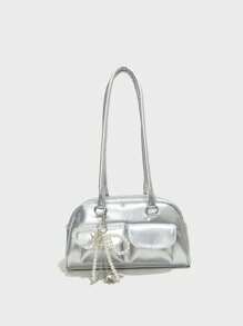 新款时尚经典纯色PU防水女士手提包，饰有串珠蝴蝶结和金属心形吊坠，拉链开口设计，大容量单肩包，贝壳包，适合购物、通勤和旅行