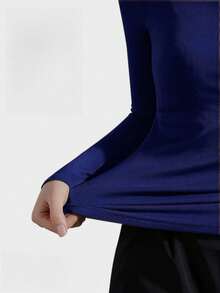 Women's Knit Blouse, High Neck, Plain Half Sleeve, Ribbed Fabric, Size S, M, L - Màu xanh lam - Xem 2