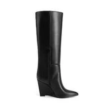 Women's Wedge Heel Knee High Boots Pointed Toe Side Zip Tall Boots Solid Color Retro Fashion Y2k Boots For Autumn/Winter