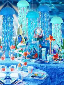 3pcs Pink Purple Blue Hanging Jelly Fish Paper Lanterns, Gradient Colorful Paper Lanterns, Jellyfish Paper Lanterns, For Mermaid Theme Party, Under The Sea Ocean Birthday Decorations, Under The Sea Theme, Ocean & Beach Room Hanging Decor, Shower Room Garland Mermaid Party Decoration, Colorful Hanging Streamers Suitable For Birthday Baptism Weddi - Multicolor - View 4